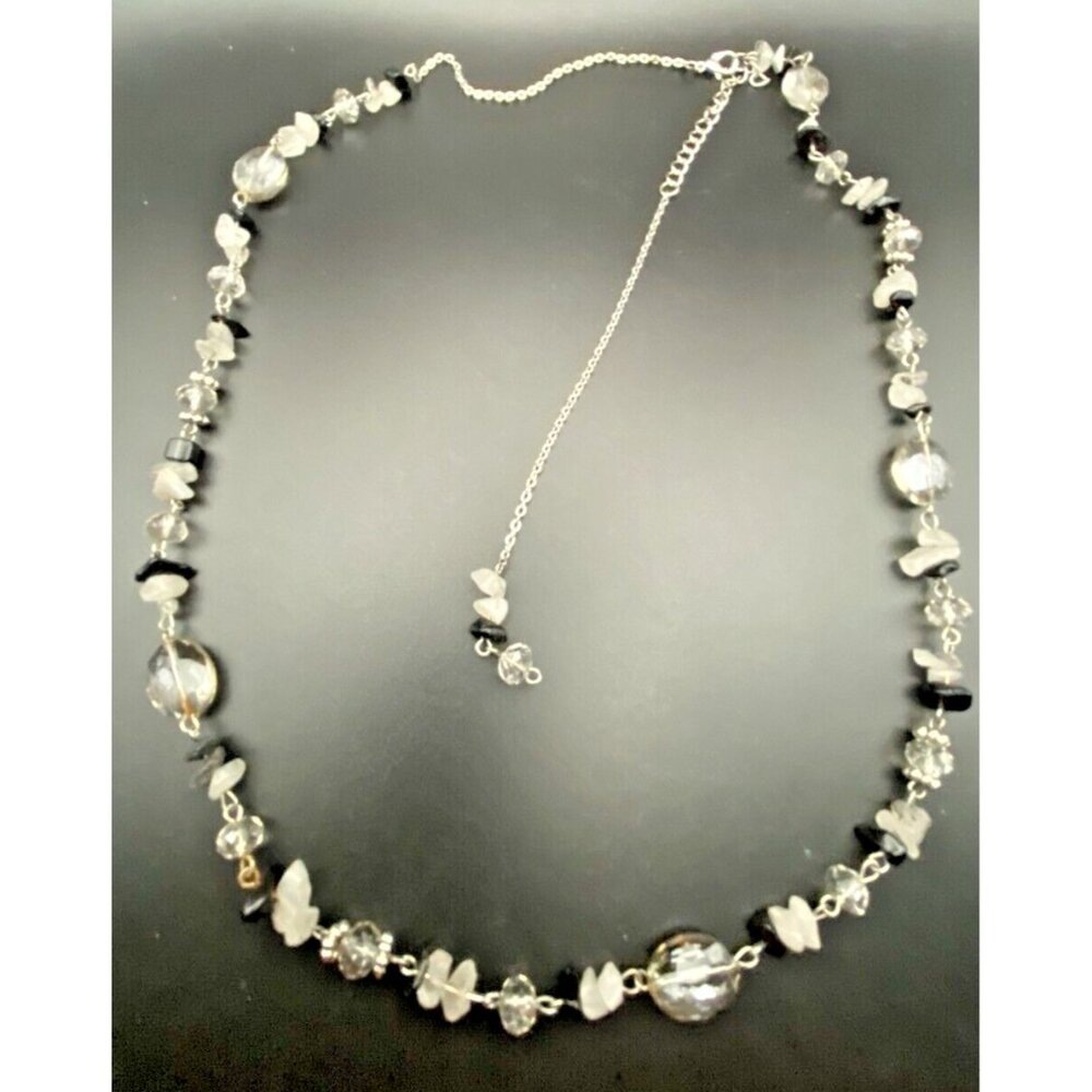 Rutilated Quartz Onyx Necklace Chip Facet Crystal Silver Tone 28+2" 5.5" Dangle